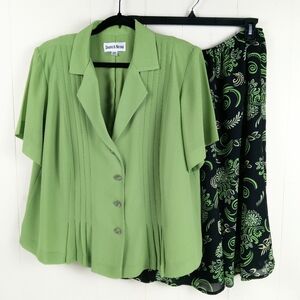 Danny Nicole 2 Piece Green Jacket Floral Skirt 18W Sheer Lined Short Sleeve